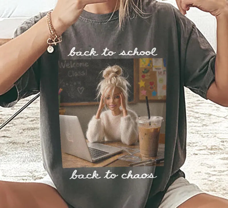Funny Teacher Meme T-Shirt, Back to School Back to Chaos Shirt, Stressed Fashion Doll Teacher Tee, Comfort Colors Iced Coffee Educator Gift