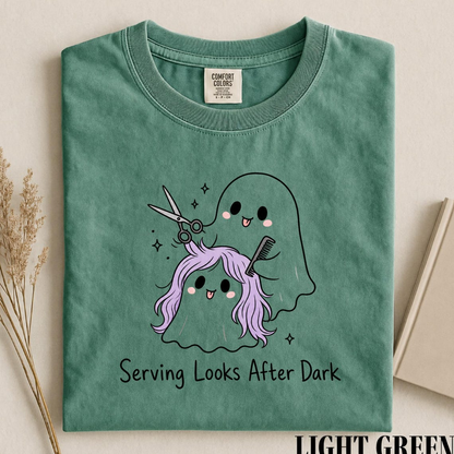 Serving Looks After Dark Shirt, Ghost Hairstylist Tee, Halloween Hairdresser Shirt, Spooky Salon T-Shirt, Comfort Colors Stylist Gift