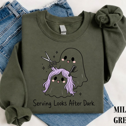 Serving Looks After Dark Shirt, Ghost Hairstylist Tee, Halloween Hairdresser Shirt, Spooky Salon T-Shirt, Comfort Colors Stylist Gift