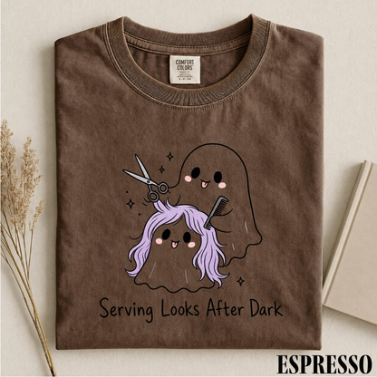 Serving Looks After Dark Shirt, Ghost Hairstylist Tee, Halloween Hairdresser Shirt, Spooky Salon T-Shirt, Comfort Colors Stylist Gift