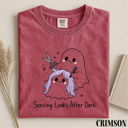 Serving Looks After Dark Shirt, Ghost Hairstylist Tee, Halloween Hairdresser Shirt, Spooky Salon T-Shirt, Comfort Colors Stylist Gift