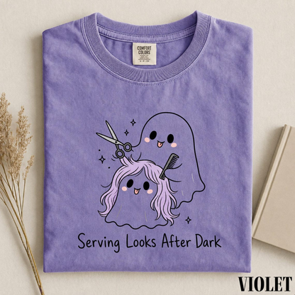 Serving Looks After Dark Shirt, Ghost Hairstylist Tee, Halloween Hairdresser Shirt, Spooky Salon T-Shirt, Comfort Colors Stylist Gift