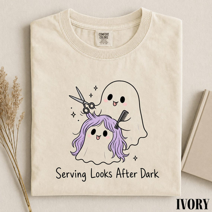 Serving Looks After Dark Shirt, Ghost Hairstylist Tee, Halloween Hairdresser Shirt, Spooky Salon T-Shirt, Comfort Colors Stylist Gift