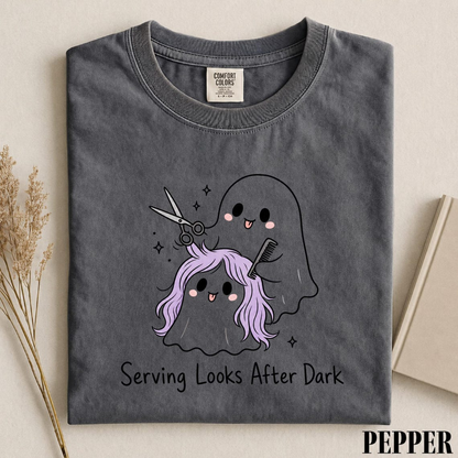 Serving Looks After Dark Shirt, Ghost Hairstylist Tee, Halloween Hairdresser Shirt, Spooky Salon T-Shirt, Comfort Colors Stylist Gift