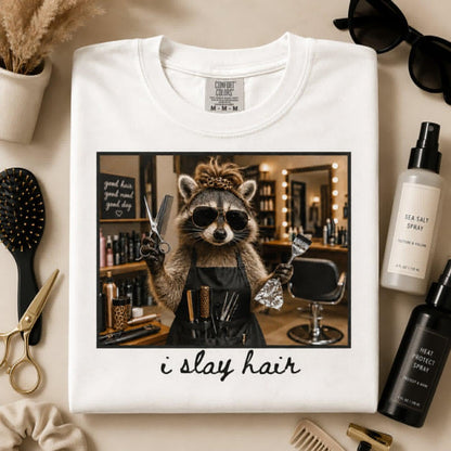 Funny Hair Stylist Shirt, I Slay Hair Tee, Raccoon Hairdresser T-Shirt, Cosmetologist Gift, Comfort Colors Hair Colorist Top, Salon Outfit