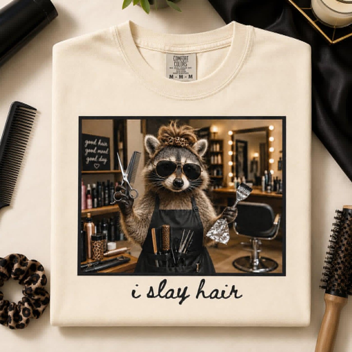 Funny Hair Stylist Shirt, I Slay Hair Tee, Raccoon Hairdresser T-Shirt, Cosmetologist Gift, Comfort Colors Hair Colorist Top, Salon Outfit