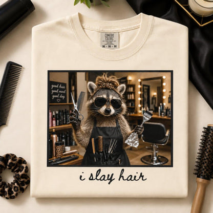 Funny Hair Stylist Shirt, I Slay Hair Tee, Raccoon Hairdresser T-Shirt, Cosmetologist Gift, Comfort Colors Hair Colorist Top, Salon Outfit