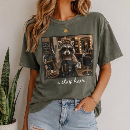 Funny Hair Stylist Shirt, I Slay Hair Tee, Raccoon Hairdresser T-Shirt, Cosmetologist Gift, Comfort Colors Hair Colorist Top, Salon Outfit