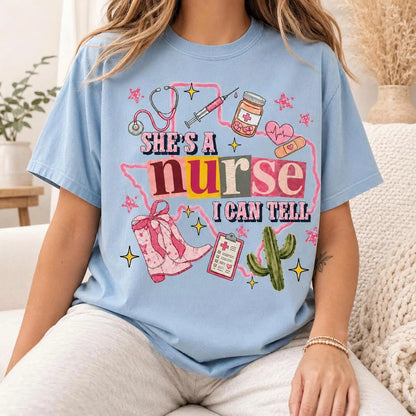 Personalized Outline Map Nurse Shirt, Custom Nurse Gift, She’s a Nurse I Can Tell Tee, Cute Nursing Shirt for Bookish Western Style