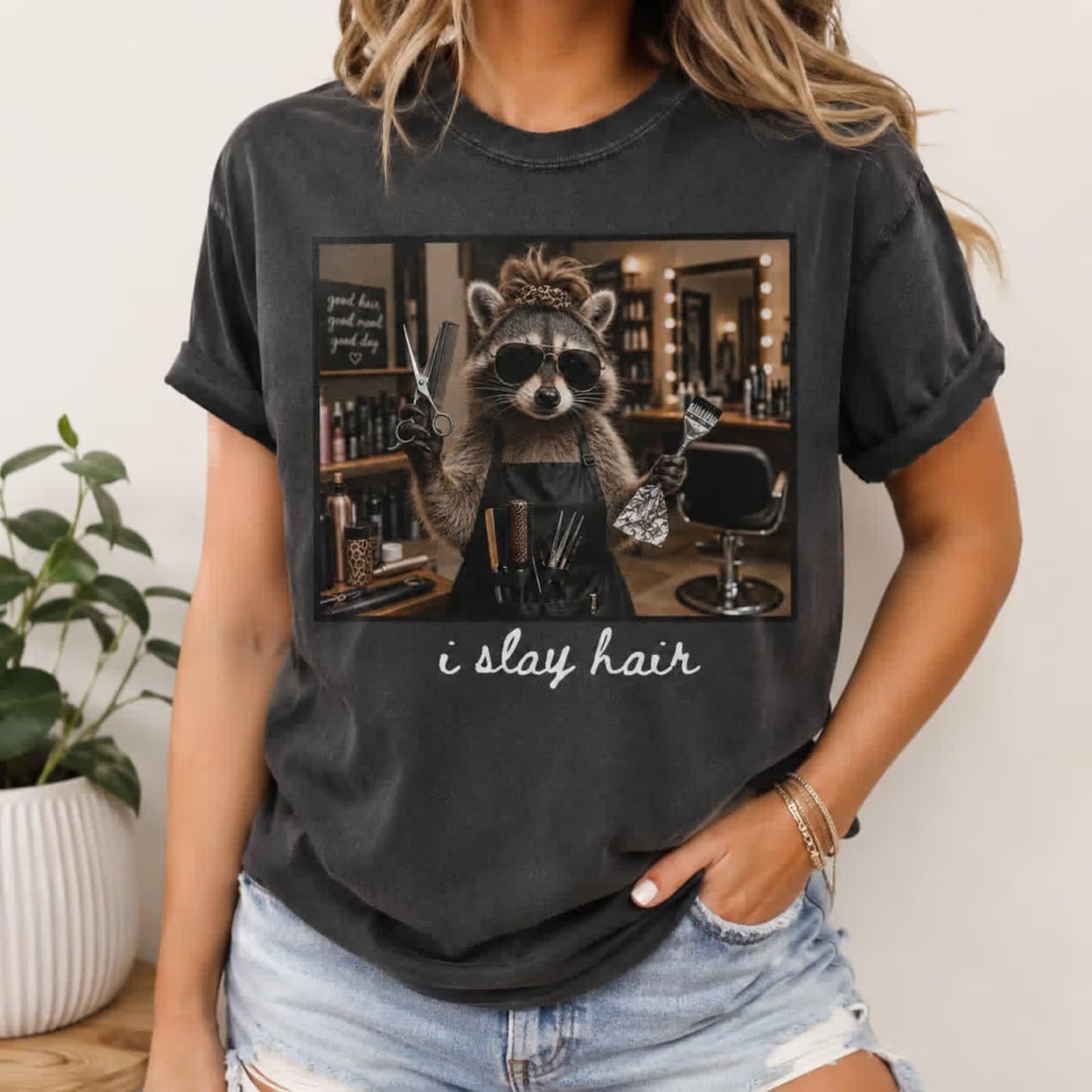 Funny Hair Stylist Shirt, I Slay Hair Tee, Raccoon Hairdresser T-Shirt, Cosmetologist Gift, Comfort Colors Hair Colorist Top, Salon Outfit