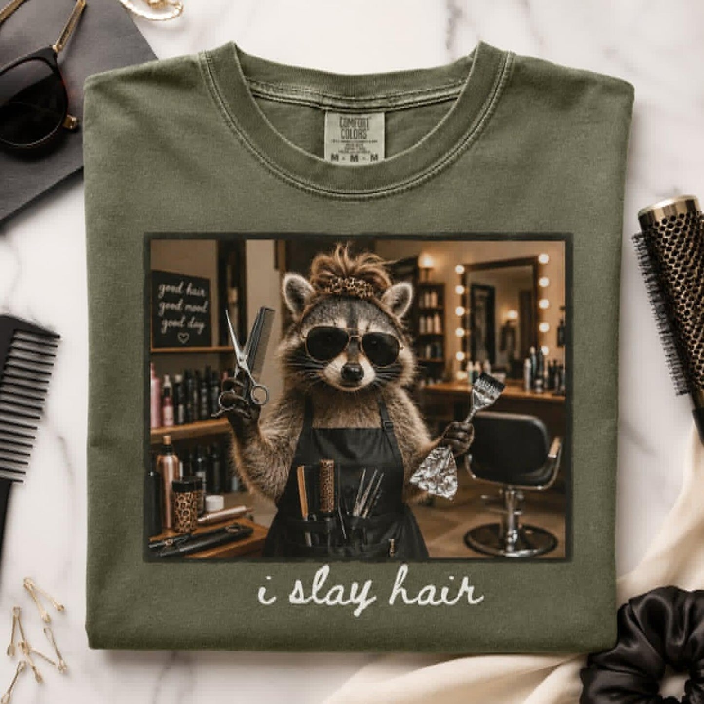 Funny Hair Stylist Shirt, I Slay Hair Tee, Raccoon Hairdresser T-Shirt, Cosmetologist Gift, Comfort Colors Hair Colorist Top, Salon Outfit