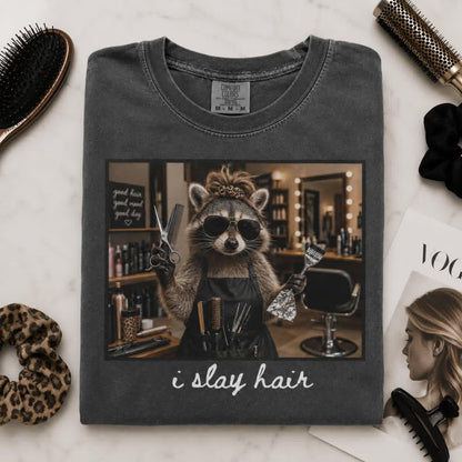 Funny Hair Stylist Shirt, I Slay Hair Tee, Raccoon Hairdresser T-Shirt, Cosmetologist Gift, Comfort Colors Hair Colorist Top, Salon Outfit