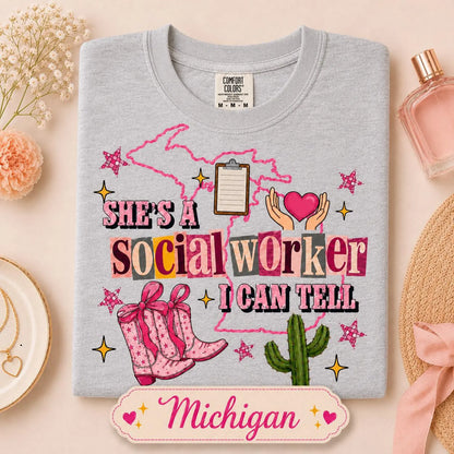 Social Worker Shirt, Custom State Comfort Colors Tee, She’s A Social Worker I Can Tell, Social Work Gift, Case Worker Appreciation Shirt