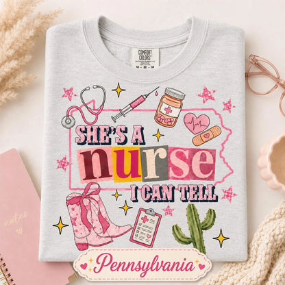 Personalized Outline Map Nurse Shirt, Custom Nurse Gift, She’s a Nurse I Can Tell Tee, Cute Nursing Shirt for Bookish Western Style