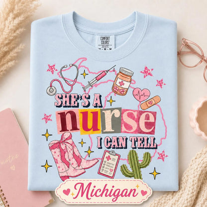 Personalized Outline Map Nurse Shirt, Custom Nurse Gift, She’s a Nurse I Can Tell Tee, Cute Nursing Shirt for Bookish Western Style